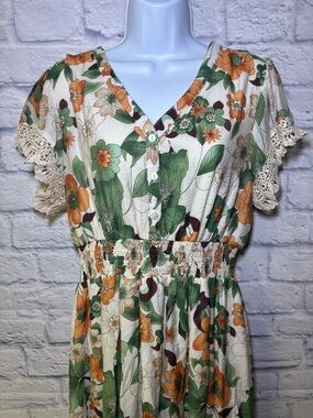 Baltic Born Women's Boho Tiered Aliyah Midi Dress Cream Green Orange  Floral L